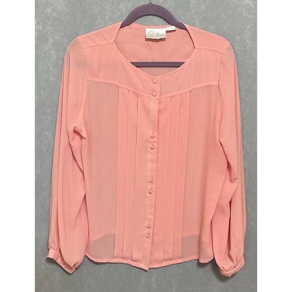 SZ Tops - Chanteuse Woman’s Pink Long Sleeve Button Front Pleated Blouse Sz Med Semi Shear
